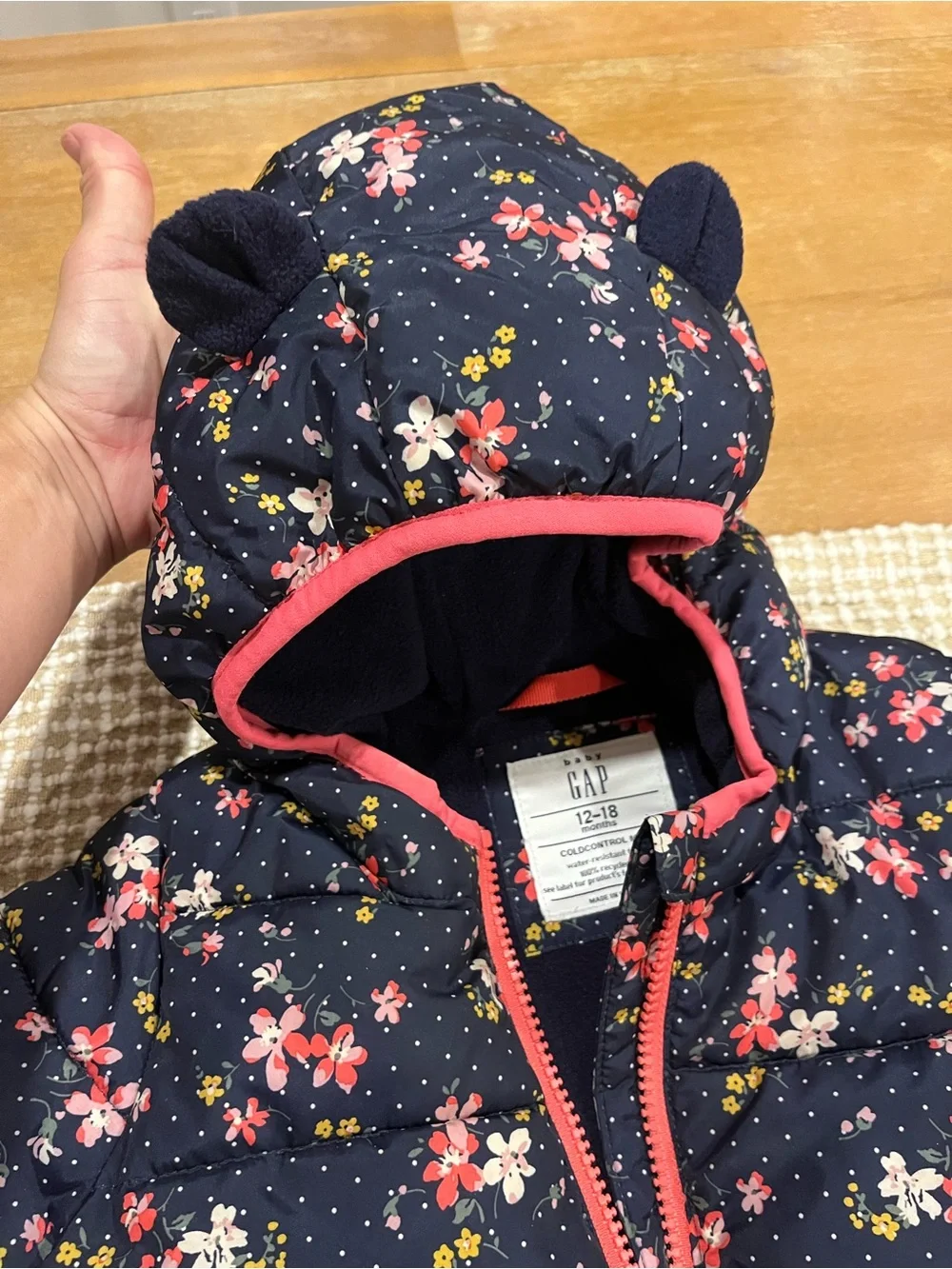 GAP Navy Floral Hooded Puffer Jacket with Pink Trim and Ear Detail 12-18m
